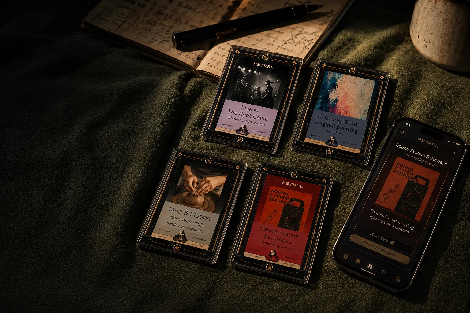 Astral cards on a table along with a phone which just scanned one of them.